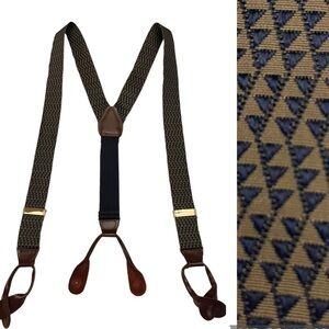 𝅺UNBRANDED Tan/Blue Geometric Pattern Textile and Leather Button On Suspenders